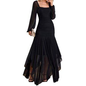 URYIAO Small Formal Long Sleeve Maxi Dress Asymmetrical Hem Square Neck Mesh